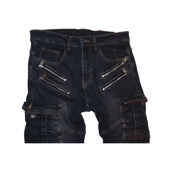 Volero Mens Dark Wash Slim Fit Biker Moto Style Cargo Jeans Grunge Streetcore - Picture 4 of 10